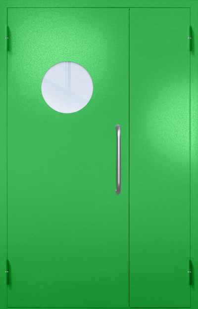 Полуторная техническая дверь с ручкой-скобой и круглым стеклопакетом, окрас по RAL 6037