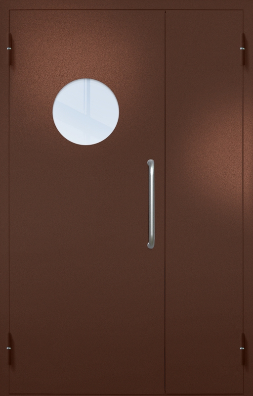 Полуторная техническая дверь с ручкой-скобой и круглым стеклопакетом, окрас по RAL 8016