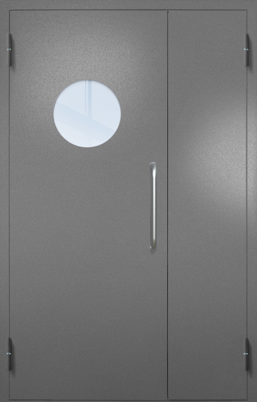Полуторная техническая дверь с ручкой-скобой и круглым стеклопакетом, окрас по RAL 7001