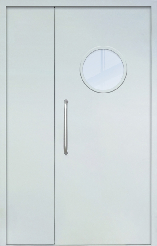Полуторная техническая дверь с ручкой-скобой и круглым стеклопакетом, окрас по RAL Полуторная техническая дверь с ручкой-скобой и круглым стеклопакетом, окрас по RAL