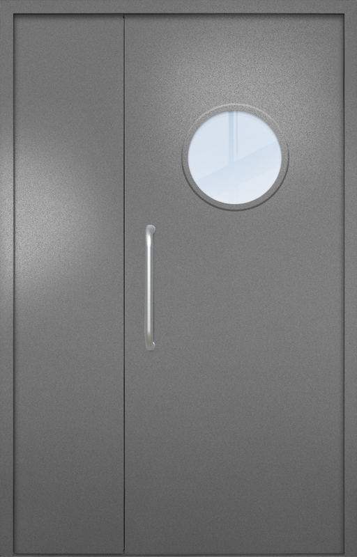 Полуторная техническая дверь с ручкой-скобой и круглым стеклопакетом, окрас по RAL 7001
