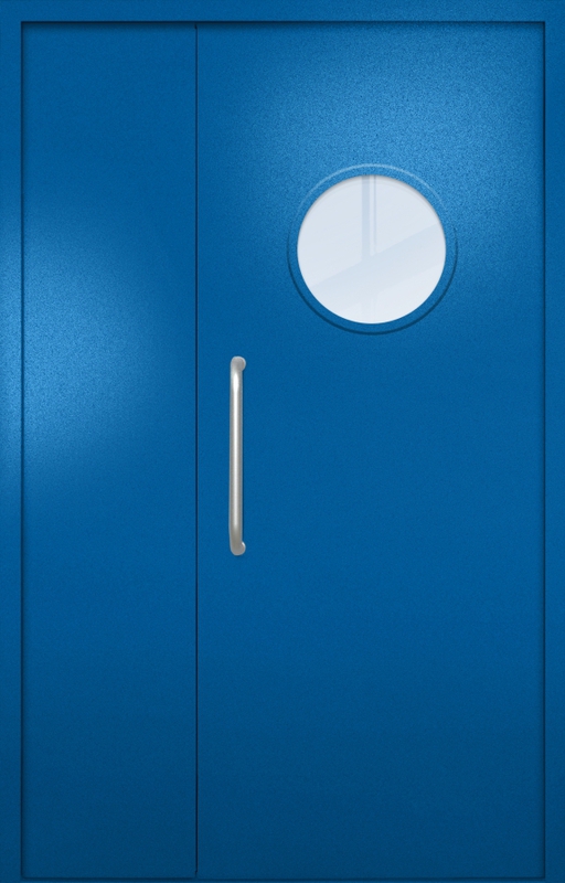 Полуторная техническая дверь с ручкой-скобой и круглым стеклопакетом, окрас по RAL 5002