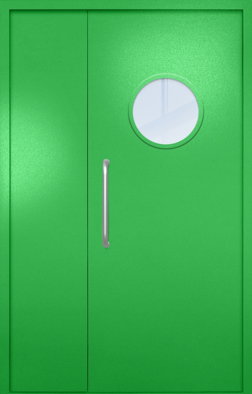 Полуторная техническая дверь с ручкой-скобой и круглым стеклопакетом, окрас по RAL 6037