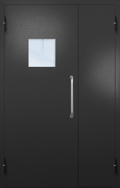 Полуторная техническая дверь с ручкой-скобой и квадратным стеклопакетом, окрас по RAL 9004