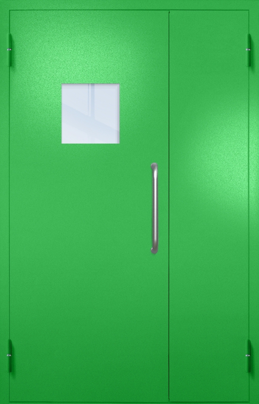 Полуторная техническая дверь с ручкой-скобой и квадратным стеклопакетом, окрас по RAL 6037