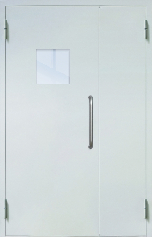 Полуторная техническая дверь с ручкой-скобой и квадратным стеклопакетом, окрас по RAL