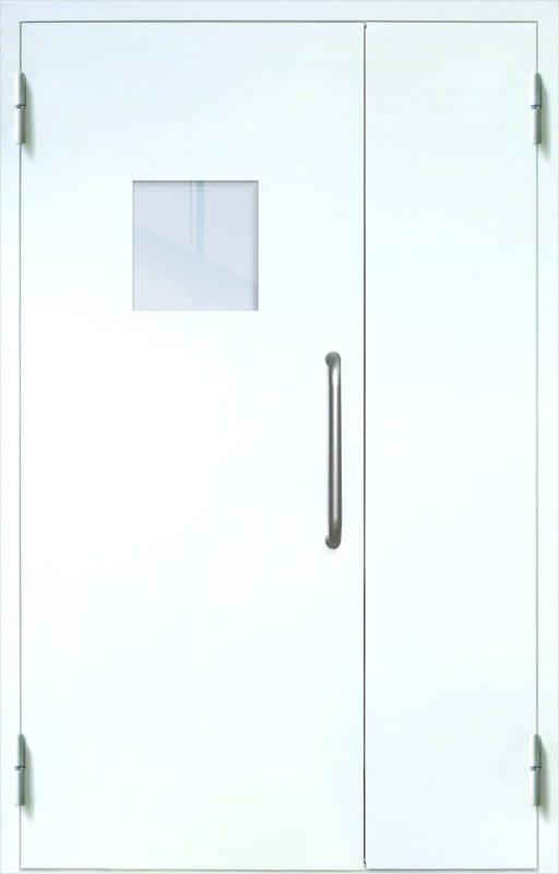 Полуторная техническая дверь с ручкой-скобой и квадратным стеклопакетом, окрас по RAL 9003