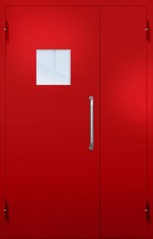 Полуторная техническая дверь с ручкой-скобой и квадратным стеклопакетом, окрас по RAL 3003