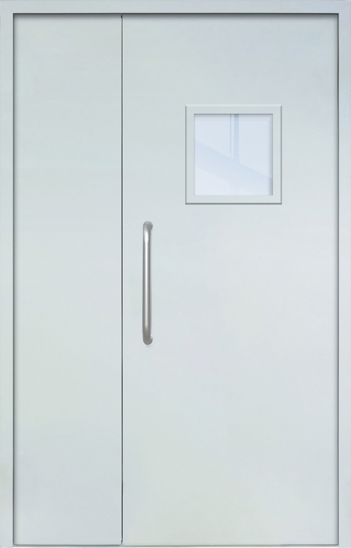 Полуторная техническая дверь с ручкой-скобой и квадратным стеклопакетом, окрас по RAL