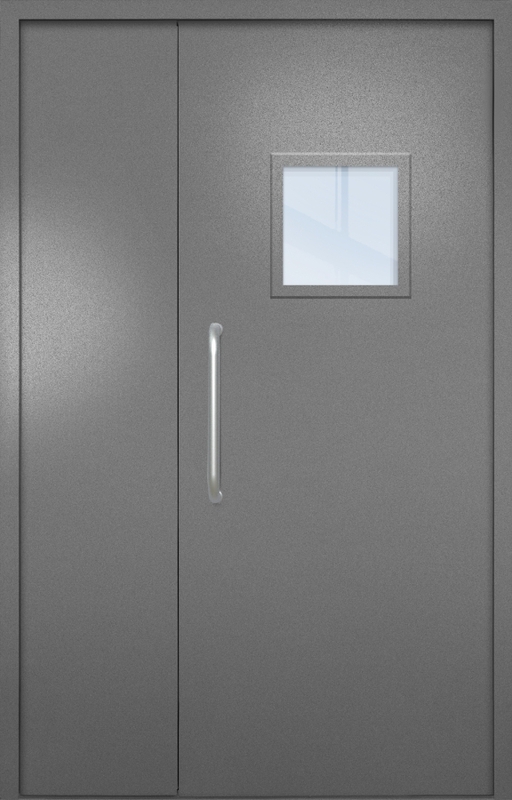 Полуторная техническая дверь с ручкой-скобой и квадратным стеклопакетом, окрас по RAL 7001