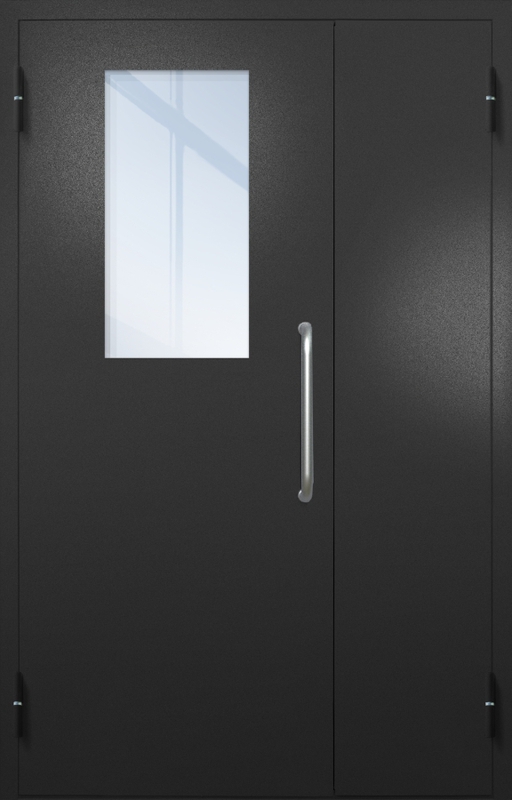 Полуторная техническая дверь с ручкой-скобой и широким стеклопакетом, окрас по RAL 9004