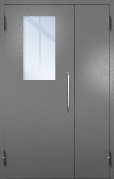 Полуторная техническая дверь с ручкой-скобой и широким стеклопакетом, окрас по RAL 7001 Полуторная техническая дверь с ручкой-скобой и широким стеклопакетом, окрас по RAL 7001