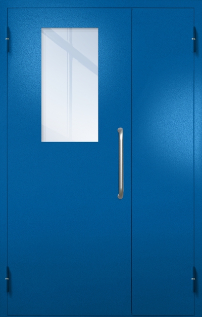 Полуторная техническая дверь с ручкой-скобой и широким стеклопакетом, окрас по RAL 5002 Полуторная техническая дверь с ручкой-скобой и широким стеклопакетом, окрас по RAL 5002