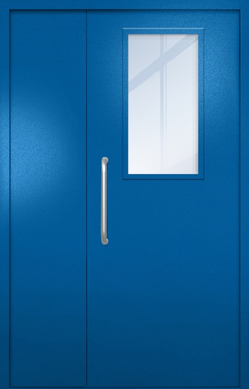 Полуторная техническая дверь с ручкой-скобой и широким стеклопакетом, окрас по RAL 5002