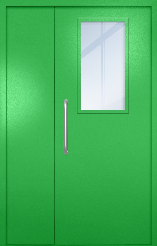 Полуторная техническая дверь с ручкой-скобой и широким стеклопакетом, окрас по RAL 6037