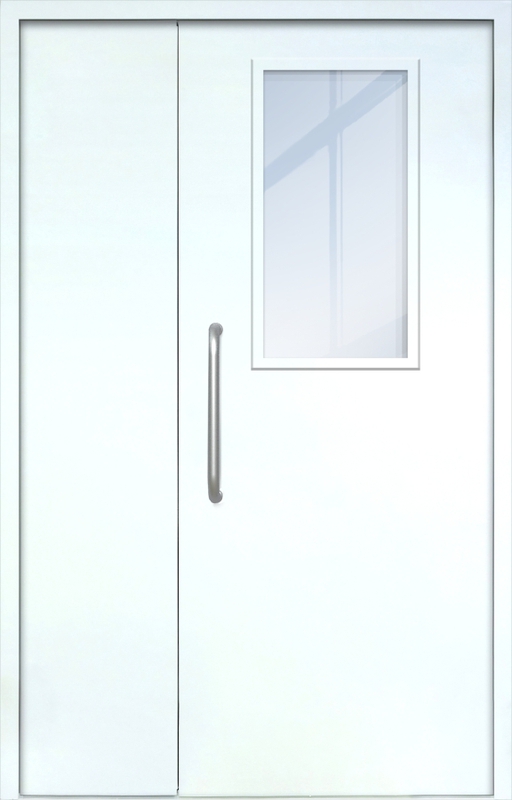 Полуторная техническая дверь с ручкой-скобой и широким стеклопакетом, окрас по RAL 9003