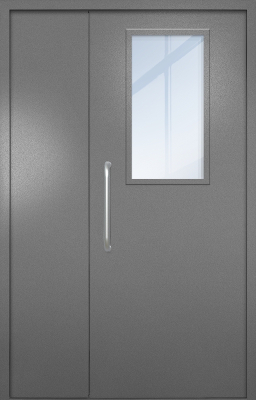 Полуторная техническая дверь с ручкой-скобой и широким стеклопакетом, окрас по RAL 7001