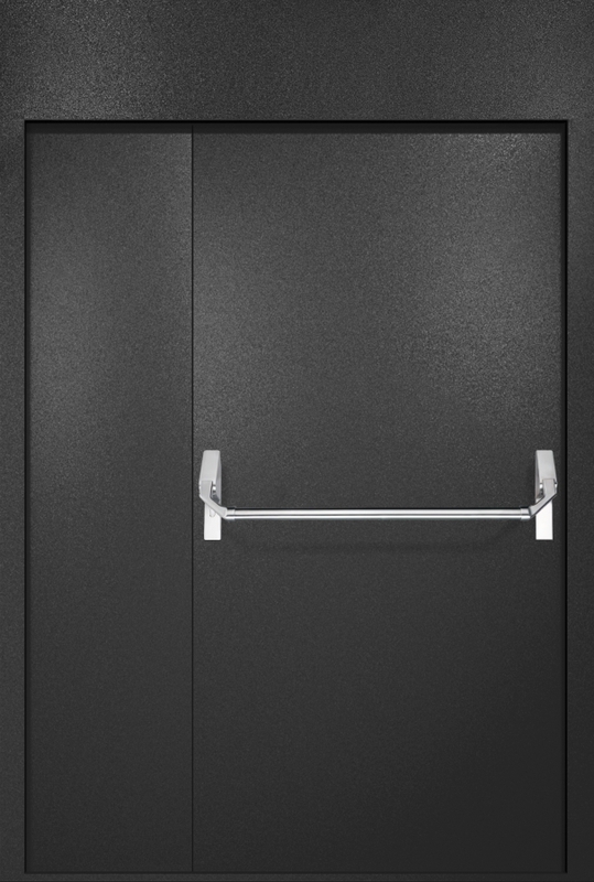 Полуторная противопожарная дверь EI-60 с верхней вставкой и ручкой «Антипаника», окрас по RAL 9004 Полуторная противопожарная дверь EI-60 с верхней вставкой и ручкой «Антипаника», окрас по RAL 9004