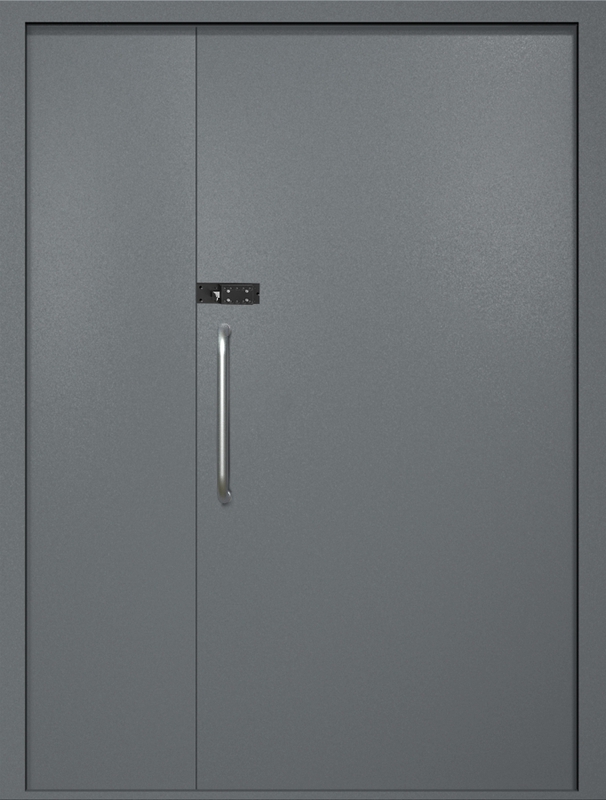 Полуторная техническая дверь с ручкой-скобой и кодовым замком, окрас по RAL 7001