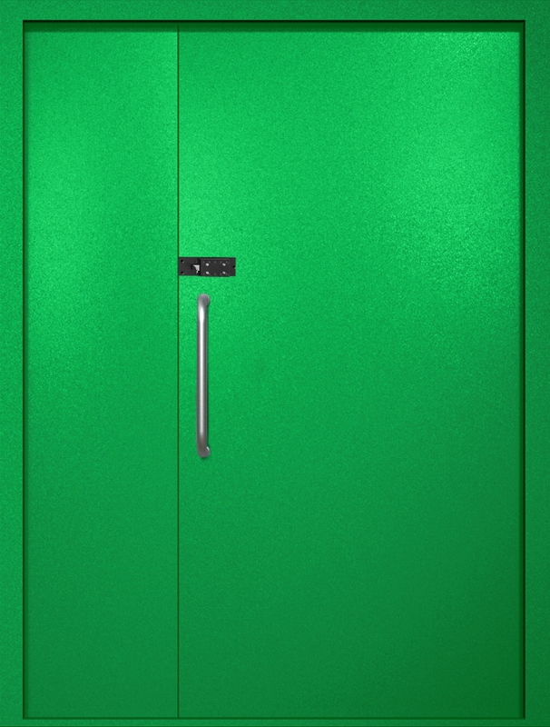 Полуторная техническая дверь с ручкой-скобой и кодовым замком, окрас по RAL 6037 Полуторная техническая дверь с ручкой-скобой и кодовым замком, окрас по RAL 6037