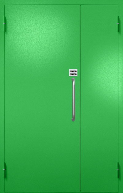 Полуторная противопожарная дверь EI-60 с ручкой-скобой и кодовым замком, окрас по RAL 6037 Полуторная противопожарная дверь EI-60 с ручкой-скобой и кодовым замком, окрас по RAL 6037