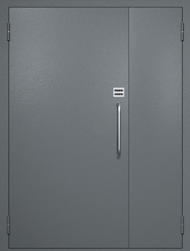 Полуторная техническая дверь с ручкой-скобой и кодовым замком, окрас по RAL 7001