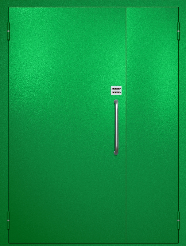 Полуторная техническая дверь с ручкой-скобой и кодовым замком, окрас по RAL 6037 Полуторная техническая дверь с ручкой-скобой и кодовым замком, окрас по RAL 6037