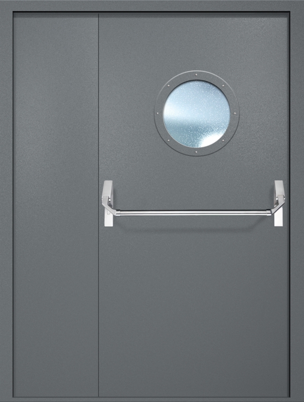 Полуторная противопожарная дверь EI-60 с круглым стеклопакетом и ручкой «Антипаника», окрас по RAL 7001 Полуторная противопожарная дверь EI-60 с круглым стеклопакетом и ручкой «Антипаника», окрас по RAL 7001