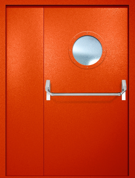 Полуторная противопожарная дверь EI-60 с круглым стеклопакетом и ручкой «Антипаника», окрас по RAL 3003 Полуторная противопожарная дверь EI-60 с круглым стеклопакетом и ручкой «Антипаника», окрас по RAL 3003