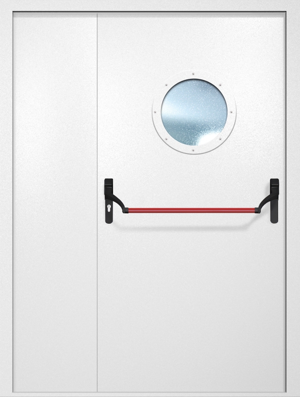 Полуторная противопожарная дверь EI-60 с круглым стеклопакетом и ручкой «Антипаника», окрас по RAL 9003