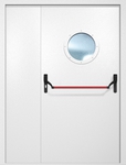Полуторная противопожарная дверь EI-60 с круглым стеклопакетом и ручкой «Антипаника», окрас по RAL 9003