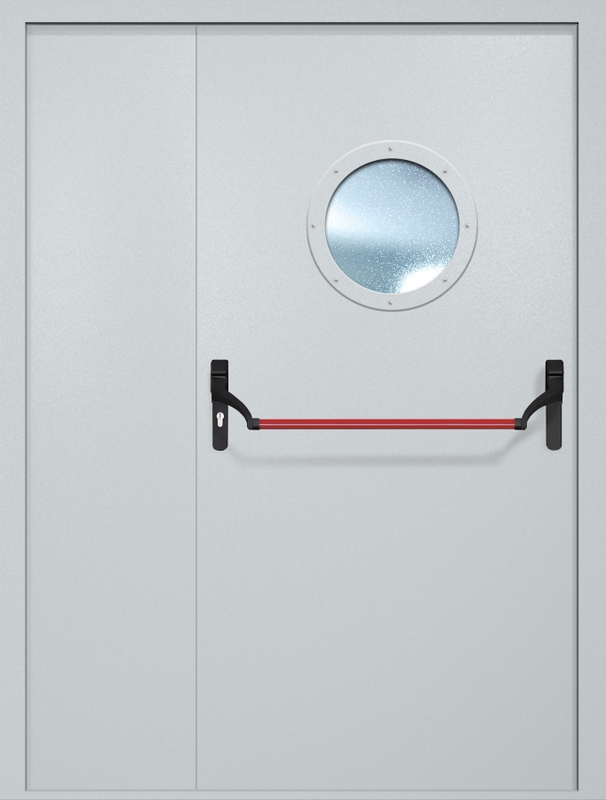 Полуторная противопожарная дверь EI-60 с круглым стеклопакетом и ручкой «Антипаника», окрас по RAL Полуторная противопожарная дверь EI-60 с круглым стеклопакетом и ручкой «Антипаника», окрас по RAL