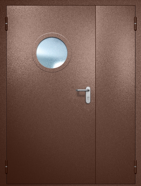 Полуторная противопожарная дверь EI-60 с круглым стеклопакетом, окрас по RAL 8016