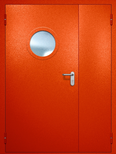 Полуторная противопожарная дверь EI-60 с круглым стеклопакетом, окрас по RAL 3003