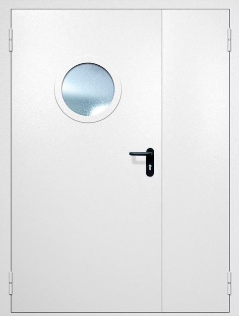 Полуторная противопожарная дверь EI-60 с круглым стеклопакетом, окрас по RAL 9003 Полуторная противопожарная дверь EI-60 с круглым стеклопакетом, окрас по RAL 9003