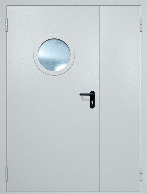 Полуторная противопожарная дверь EI-60 с круглым стеклопакетом, окрас по RAL