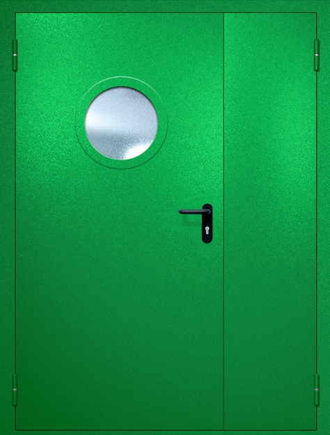 Полуторная противопожарная дверь EI-60 с круглым стеклопакетом, окрас по RAL 6037