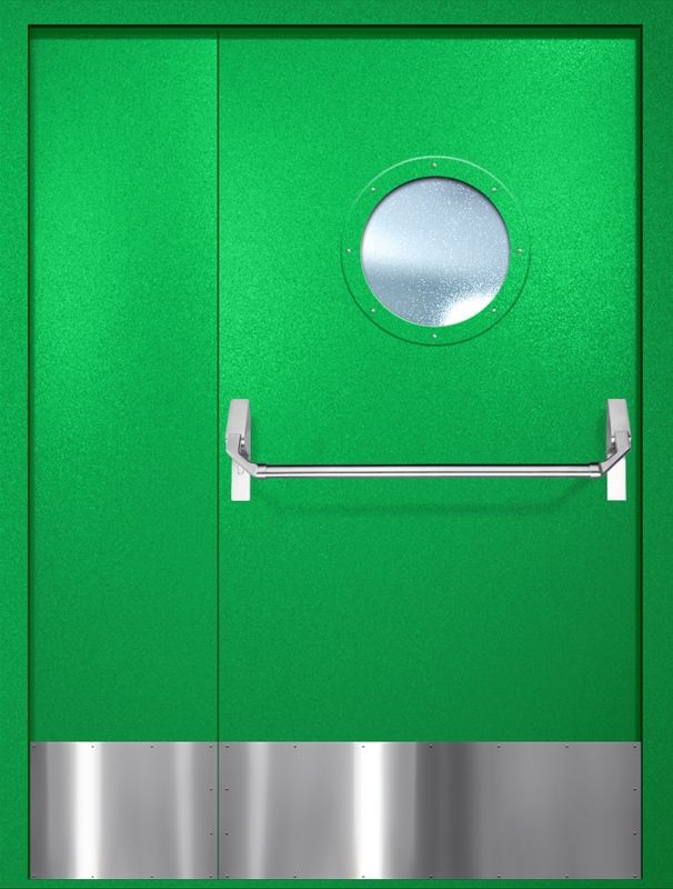 Полуторная противопожарная дверь EI-60 с круглым стеклопакетом, отбойником и ручкой «Антипаника», окрас по RAL 6037 Полуторная противопожарная дверь EI-60 с круглым стеклопакетом, отбойником и ручкой «Антипаника», окрас по RAL 6037