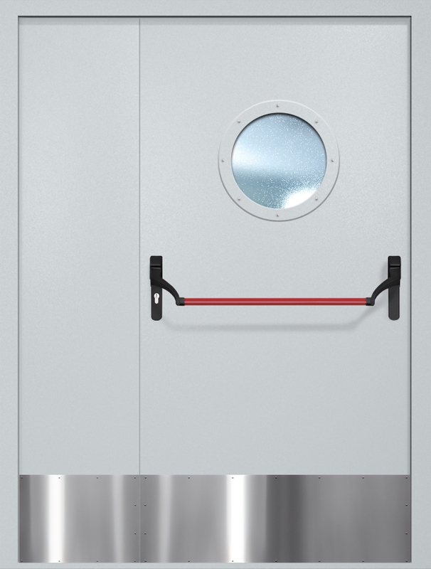 Полуторная противопожарная дверь EI-60 с круглым стеклопакетом, отбойником и ручкой «Антипаника», окрас по RAL Полуторная противопожарная дверь EI-60 с круглым стеклопакетом, отбойником и ручкой «Антипаника», окрас по RAL