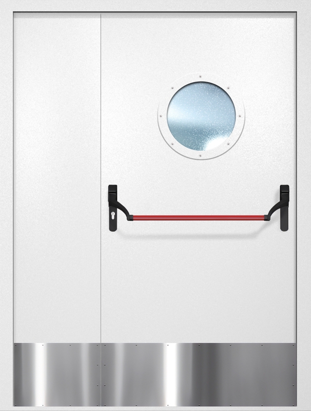Полуторная противопожарная дверь EI-60 с круглым стеклопакетом, отбойником и ручкой «Антипаника», окрас по RAL 9003