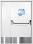 Полуторная противопожарная дверь EI-60 с круглым стеклопакетом, отбойником и ручкой «Антипаника», окрас по RAL 9003