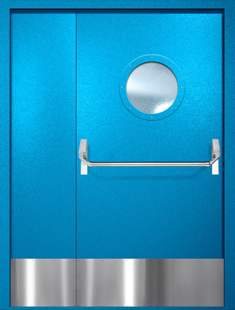 Полуторная противопожарная дверь EI-60 с круглым стеклопакетом, отбойником и ручкой «Антипаника», окрас по RAL 5002