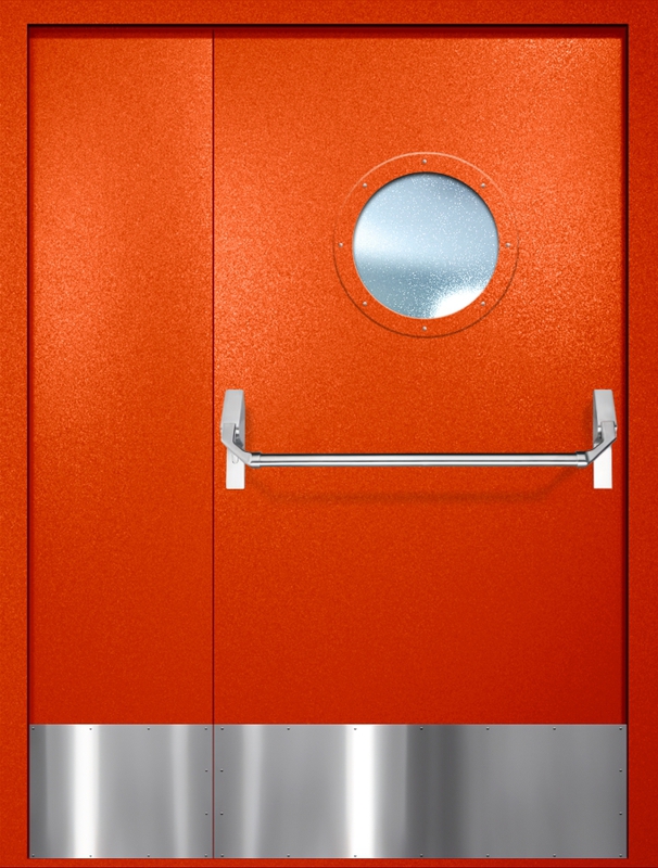 Полуторная противопожарная дверь EI-60 с круглым стеклопакетом, отбойником и ручкой «Антипаника», окрас по RAL 3003 Полуторная противопожарная дверь EI-60 с круглым стеклопакетом, отбойником и ручкой «Антипаника», окрас по RAL 3003