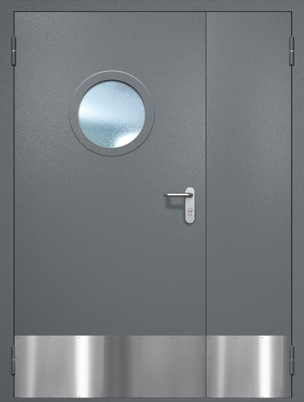 Полуторная противопожарная дверь EI-60 с круглым стеклопакетом и отбойником, окрас по RAL 7001 Полуторная противопожарная дверь EI-60 с круглым стеклопакетом и отбойником, окрас по RAL 7001