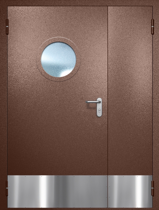 Полуторная противопожарная дверь EI-60 с круглым стеклопакетом и отбойником, окрас по RAL 8016 Полуторная противопожарная дверь EI-60 с круглым стеклопакетом и отбойником, окрас по RAL 8016