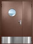 Полуторная противопожарная дверь EI-60 с круглым стеклопакетом и отбойником, окрас по RAL 8016