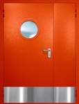 Полуторная противопожарная дверь EI-60 с круглым стеклопакетом, отбойником и ручкой «Антипаника», окрас по RAL 3003