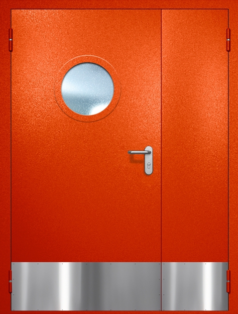 Полуторная противопожарная дверь EI-60 с круглым стеклопакетом и отбойником, окрас по RAL 3003