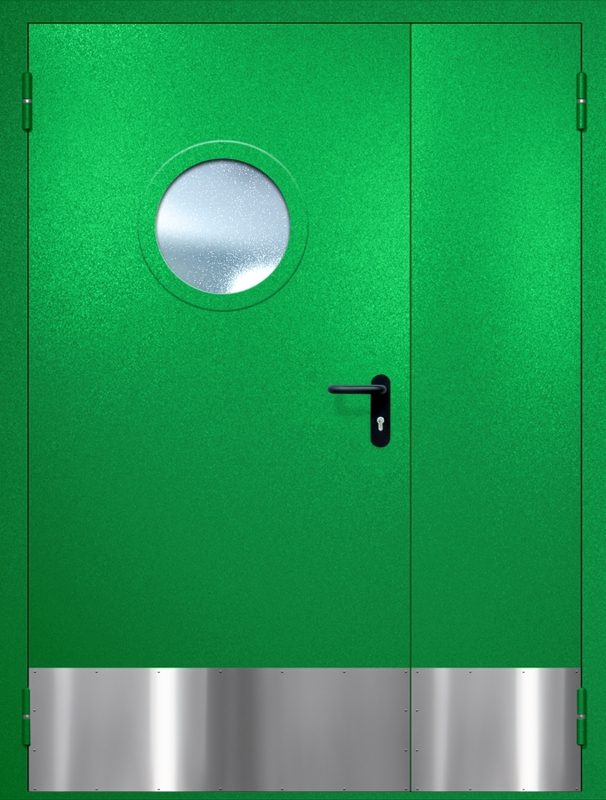 Полуторная противопожарная дверь EI-60 с круглым стеклопакетом, отбойником и ручкой «Антипаника», окрас по RAL 6037 Полуторная противопожарная дверь EI-60 с круглым стеклопакетом, отбойником и ручкой «Антипаника», окрас по RAL 6037