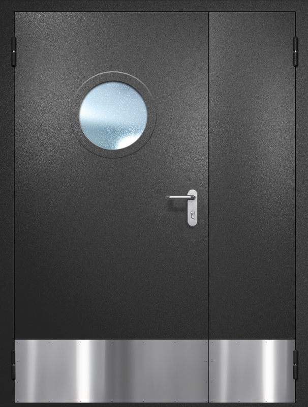 Полуторная противопожарная дверь EI-60 с круглым стеклопакетом, отбойником и ручкой «Антипаника», окрас по RAL 9004 Полуторная противопожарная дверь EI-60 с круглым стеклопакетом, отбойником и ручкой «Антипаника», окрас по RAL 9004